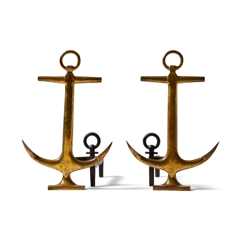 Antique Anchor Form Bronze Andirons