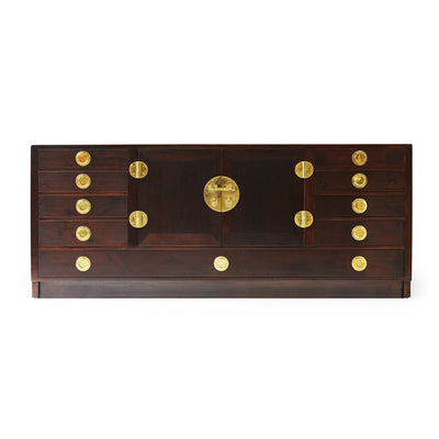 Modernist sideboard cabinet with unique bronze hardware. by Edward Wormley for Dunbar