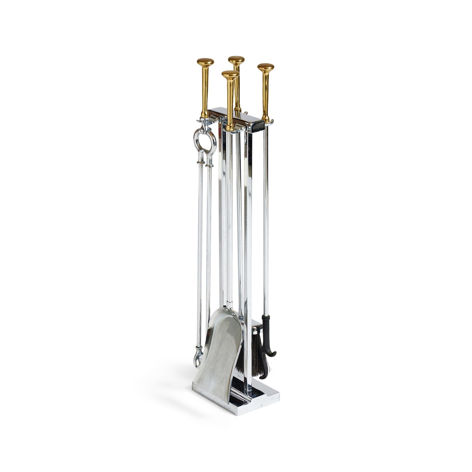Chrome Steel and Bronze Fireplace Tool Set