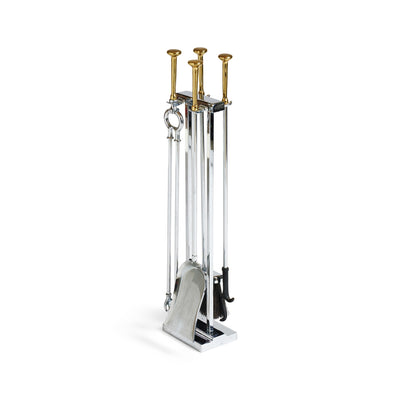 Chrome Steel and Bronze Fireplace Tool Set