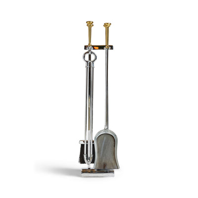 Chrome Steel and Bronze Fireplace Tool Set