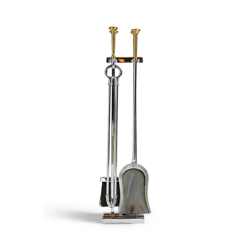 Chrome Steel and Bronze Fireplace Tool Set